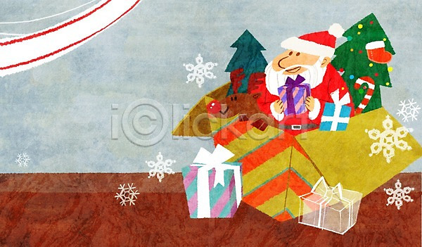 남자 노년 사람 성인 한명 PSD 일러스트 겨울 눈(날씨) 동물 루돌프 사슴 산타캐릭터 산타클로스 선물 선물상자 캐릭터 크리스마스 크리스마스트리