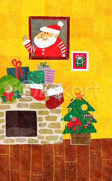 남자 노년 사람 성인 한명 PSD 일러스트 겨울 벽난로 산타캐릭터 산타클로스 선물 선물상자 실내 액자 양말 캐릭터 크리스마스 크리스마스트리
