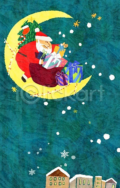 남자 노년 사람 성인 한명 PSD 일러스트 겨울 눈(날씨) 달 마을 산타캐릭터 산타클로스 선물 선물상자 야간 야외 캐릭터 크리스마스 크리스마스트리