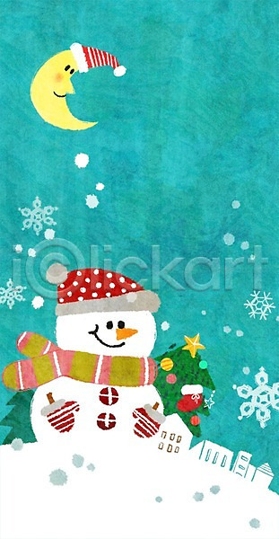사람없음 PSD 일러스트 겨울 눈(날씨) 눈사람 달 마을 모자(잡화) 야외 크리스마스 크리스마스트리