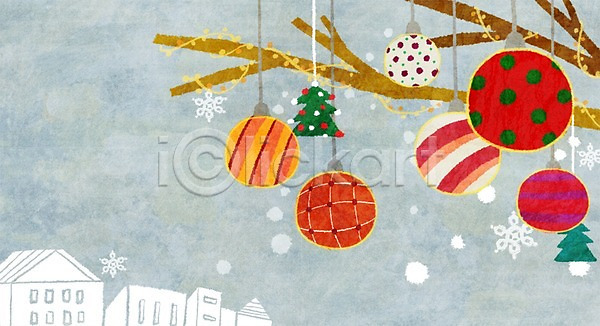 사람없음 PSD 일러스트 겨울 나뭇가지 눈(날씨) 눈송이 마을 방울(장식품) 야외 장식 조명 크리스마스 크리스마스장식