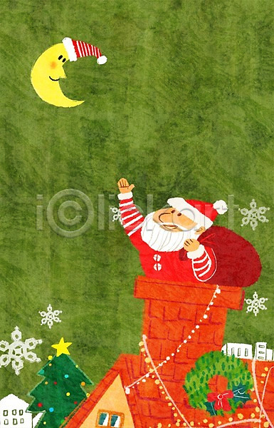 남자 노년 사람 성인 한명 PSD 일러스트 겨울 굴뚝 눈(날씨) 눈송이 달 모자(잡화) 산타캐릭터 산타클로스 야간 야외 주택 캐릭터 크리스마스 크리스마스트리