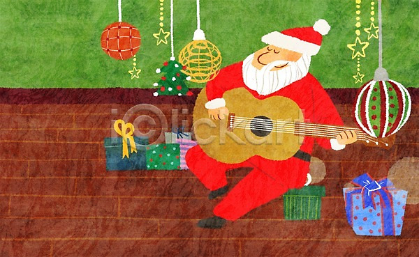 남자 노년 사람 성인 한명 PSD 일러스트 겨울 기타 산타캐릭터 산타클로스 상자 선물 선물상자 실내 악기 연주 장식 조명 캐릭터 크리스마스