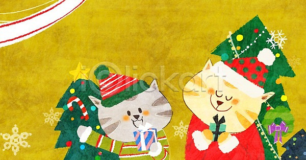 사람없음 PSD 일러스트 겨울 고양이 동물 두마리 모자(잡화) 상자 선물 선물상자 크리스마스 크리스마스트리