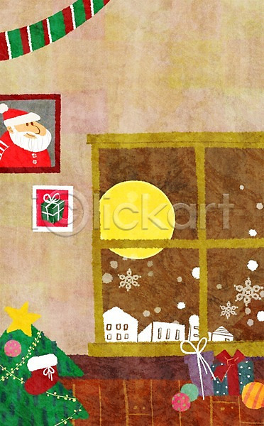 사람없음 PSD 일러스트 겨울 눈(날씨) 달 마을 산타클로스 상자 선물 선물상자 액자 창문 크리스마스 크리스마스장식 크리스마스트리