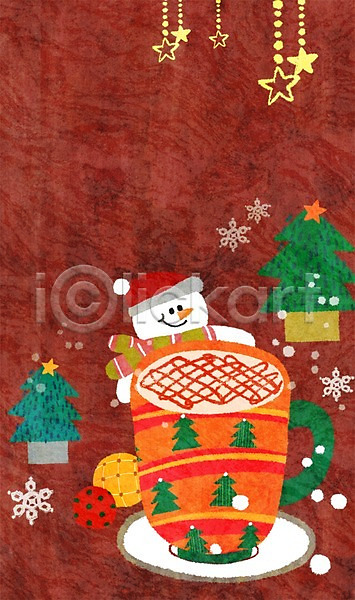 사람없음 PSD 일러스트 겨울 눈(날씨) 눈사람 머그컵 별 음료 커피 컵 크리스마스 크리스마스트리