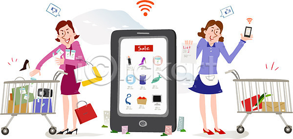 스마트 편리함 두명 사람 성인 성인만 성인여자만 여자 여자만 AI(파일형식) 일러스트 구매 리스트 모바일 모바일쇼핑 상품 쇼핑몰 스마트컨슈머 스마트폰 온라인쇼핑 충동구매 카트