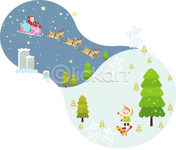 남자 남자만 두명 사람 성인 어린이 AI(파일형식) 일러스트 강아지 겨울 눈(날씨) 루돌프 산타클로스 썰매 야간 야외 연말연시 크리스마스