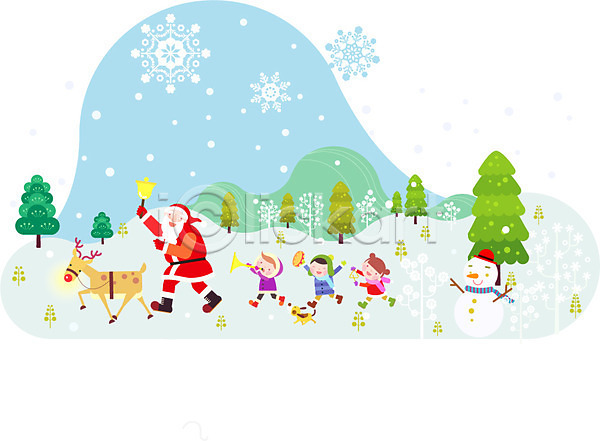 남자 사람 성인 어린이 여러명 여자 AI(파일형식) 일러스트 겨울 눈(날씨) 눈꽃 눈사람 루돌프 산 산타클로스 악단 연말연시 연주 크리스마스