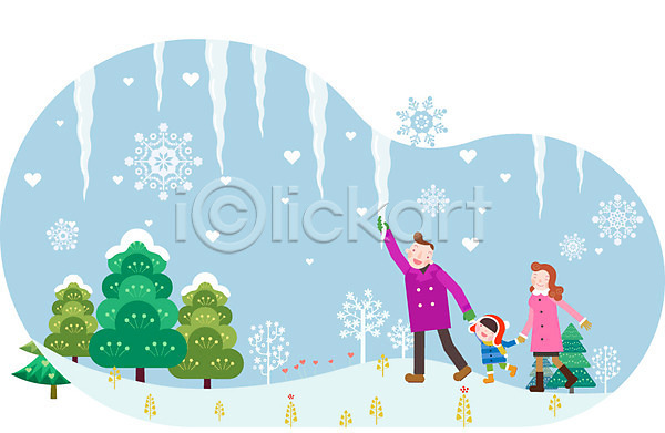 화목 남자 사람 성인 세명 어린이 여자 AI(파일형식) 일러스트 가족 겨울 고드름 나무 눈(날씨) 눈꽃 소풍 아빠 엄마 연말연시