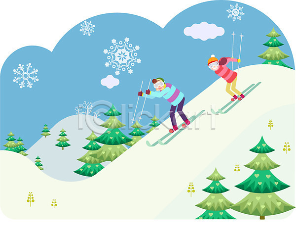 남자 두명 사람 성인 성인만 여자 AI(파일형식) 일러스트 겨울 나무 눈(날씨) 산 스키 스포츠 야외 주간 커플
