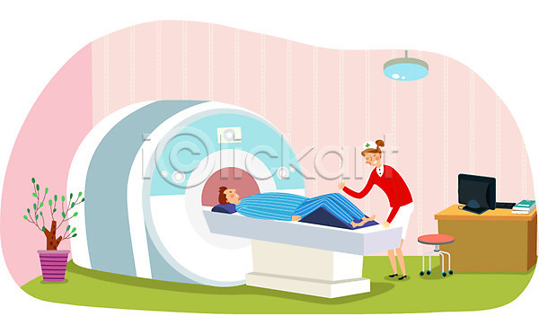 도움 보호 남자 두명 사람 성인 성인만 여자 AI(파일형식) 일러스트 CT촬영 MRI 간호사 건강 병원 의료기기 의사 진료 촬영 치료 환자