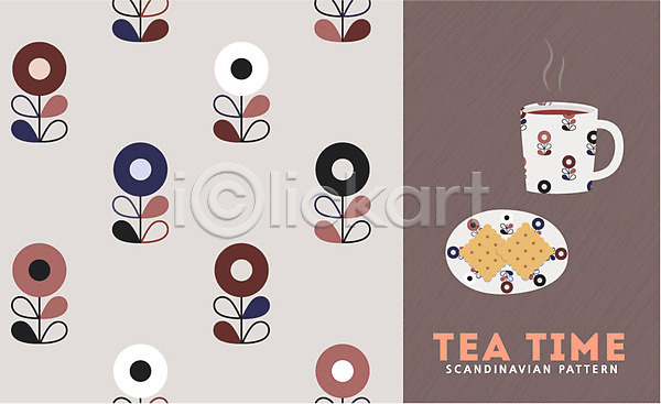 티타임 사람없음 AI(파일형식) 일러스트 꽃 꽃무늬 디자인 무늬 백그라운드 북유럽 북유럽스타일 오브젝트 자연 접시 커피 컵 쿠키 패턴 패턴백그라운드