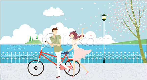 로맨틱 산책 휴식 남자 동양인 두명 사람 성인 성인만 여자 AI(파일형식) 일러스트 가로등 강가 구름(자연) 나무 다리(건축물) 데이트 야외 여름(계절) 자연 자전거 자전거길 주간 커플