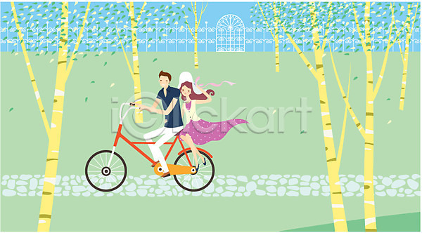 로맨틱 산책 휴식 남자 동양인 두명 사람 성인 성인만 여자 AI(파일형식) 일러스트 나무 데이트 야외 자연 자전거 자전거길 주간 커플