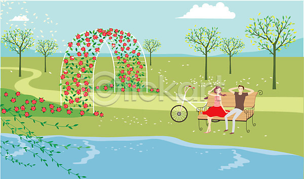 로맨틱 산책 휴식 남자 동양인 두명 사람 성인 성인만 여자 AI(파일형식) 일러스트 공원 꽃 나무 데이트 바람 벤치 야외 자연 자전거 자전거길 주간 커플
