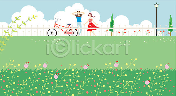 로맨틱 산책 휴식 남자 동양인 두명 사람 성인 성인만 여자 AI(파일형식) 일러스트 가로등 구름(자연) 꽃 데이트 바람 야외 여름(계절) 자전거 자전거길 주간 커플