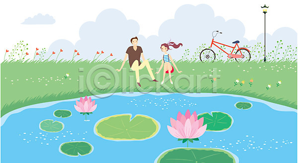 로맨틱 산책 휴식 남자 동양인 두명 사람 성인 성인만 여자 AI(파일형식) 일러스트 가로등 구름(자연) 데이트 야외 여름(계절) 연꽃(꽃) 연못 자연 자전거 자전거길 주간 커플