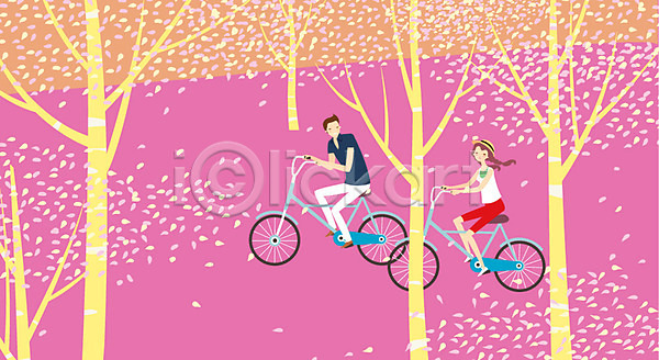 로맨틱 산책 휴식 남자 동양인 두명 사람 성인 성인만 여자 AI(파일형식) 일러스트 나무 데이트 야외 운동 자연 자전거 자전거길 주간 커플
