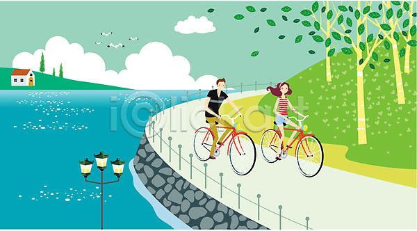 로맨틱 산책 휴식 남자 동양인 두명 사람 성인 성인만 여자 AI(파일형식) 일러스트 가로등 강가 구름(자연) 나무 데이트 야외 운동 자연 자전거 자전거길 주간 커플
