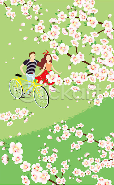 로맨틱 산책 휴식 남자 동양인 두명 사람 성인 성인만 여자 AI(파일형식) 일러스트 데이트 벚꽃 봄 야외 자연 자전거 자전거길 주간 커플