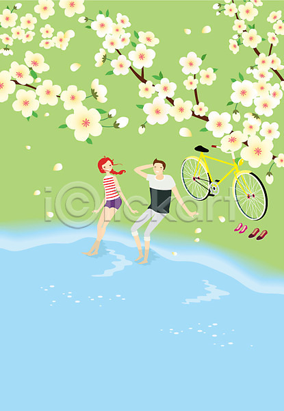 로맨틱 산책 휴식 남자 동양인 두명 사람 성인 성인만 여자 AI(파일형식) 일러스트 개울 데이트 벚꽃 봄 야외 자전거 자전거길 주간 커플