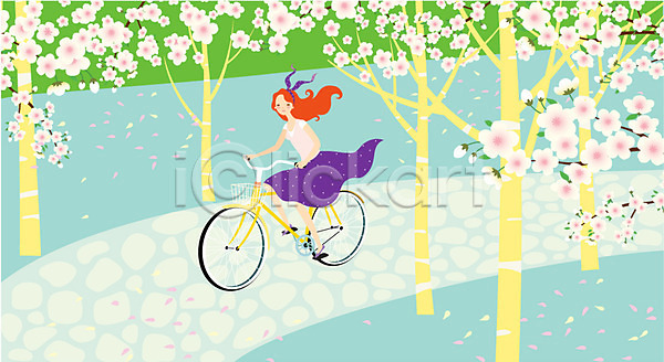 산책 휴식 동양인 사람 성인 성인만 성인여자만 여자 여자만 여자한명만 한명 AI(파일형식) 일러스트 나무 벚꽃 봄 야외 운동 자전거 자전거길 주간