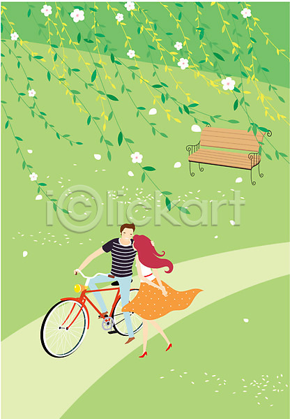 로맨틱 사랑 산책 휴식 남자 동양인 두명 사람 성인 성인만 여자 AI(파일형식) 일러스트 나무 데이트 벤치 야외 자연 자전거 자전거길 주간 커플