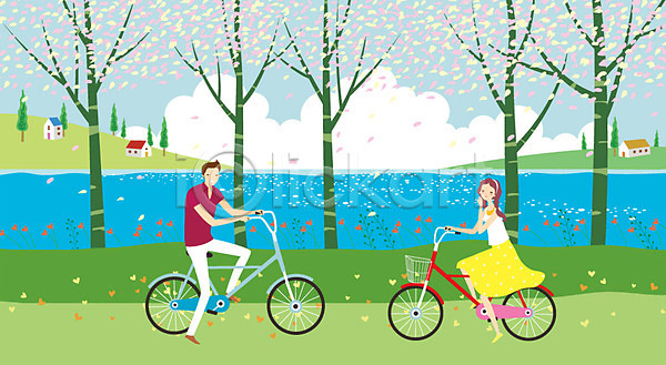 로맨틱 산책 휴식 남자 동양인 사람 성인 성인만 여자 AI(파일형식) 일러스트 강가 구름(자연) 나무 데이트 야외 자연 자전거 자전거길 주간 커플