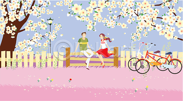 로맨틱 사랑 산책 휴식 남자 동양인 두명 사람 여자 AI(파일형식) 일러스트 구름(자연) 꽃 데이트 벚꽃 봄 야외 울타리 자연 자전거 자전거길 주간 커플