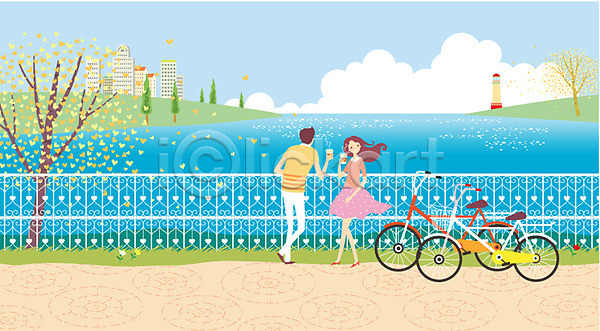 로맨틱 산책 여유 휴식 남자 동양인 두명 사람 여자 AI(파일형식) 일러스트 강가 구름(자연) 나무 데이트 바람 야외 자전거 자전거길 주간 커플 커피 하늘