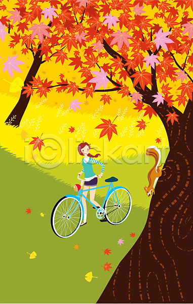 산책 휴식 동양인 사람 여자 여자만 여자한명만 한명 AI(파일형식) 일러스트 가을(계절) 나무 나뭇잎 다람쥐 단풍 동물 야외 자연 자전거 자전거길 주간