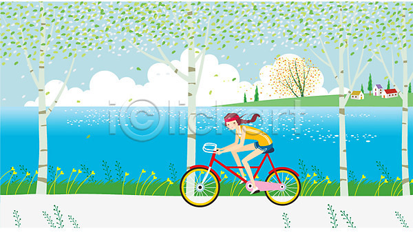 산책 휴식 동양인 사람 성인 성인만 성인여자만 여자 여자만 여자한명만 한명 AI(파일형식) 일러스트 강가 구름(자연) 나무 야외 운동 자전거 자전거길 주간