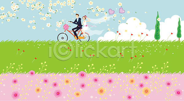 로맨틱 사랑 산책 휴식 남자 동양인 두명 사람 여자 AI(파일형식) 일러스트 결혼 구름(자연) 꽃 나무 데이트 부부 신혼여행 야외 자연 자전거 자전거길 주간 풍선 하트