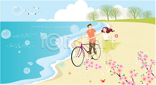 로맨틱 산책 휴식 남자 동양인 두명 사람 성인 성인만 여자 AI(파일형식) 일러스트 게 꽃 나무 데이트 바다 식물 야외 여름(계절) 자연 자전거 자전거길 조개 주간 커플 해변