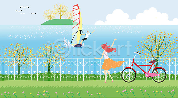 로맨틱 산책 휴식 남자 동양인 두명 사람 성인 성인만 여자 AI(파일형식) 일러스트 강 구름(자연) 나무 물 야외 여름(계절) 울타리 윈드서핑 자연 자전거 자전거길 주간 커플