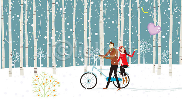 로맨틱 산책 휴식 남자 동양인 두명 사람 여자 AI(파일형식) 일러스트 겨울 나무 눈(날씨) 달 데이트 숲속 야간 야외 자연 자전거 자전거길 커플 풍선 하트