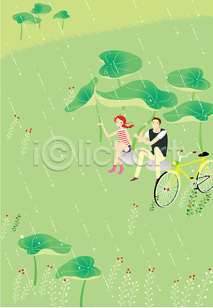 로맨틱 산책 휴식 남자 동양인 두명 사람 성인 성인만 여자 AI(파일형식) 일러스트 데이트 비(날씨) 야외 잎 자연 자전거 자전거길 주간 커플