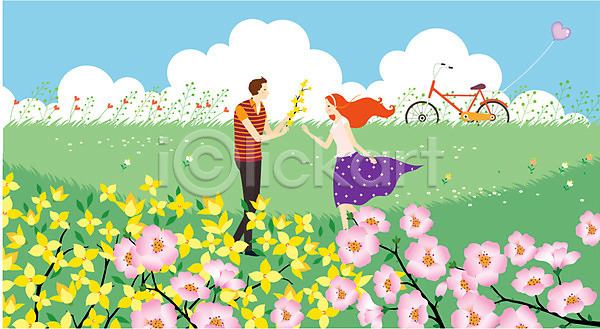 로맨틱 산책 휴식 남자 동양인 두명 사람 성인 성인만 여자 AI(파일형식) 일러스트 개나리 구름(자연) 꽃 데이트 봄 식물 야외 자연 자전거 자전거길 주간 진달래 커플 풍선 하늘
