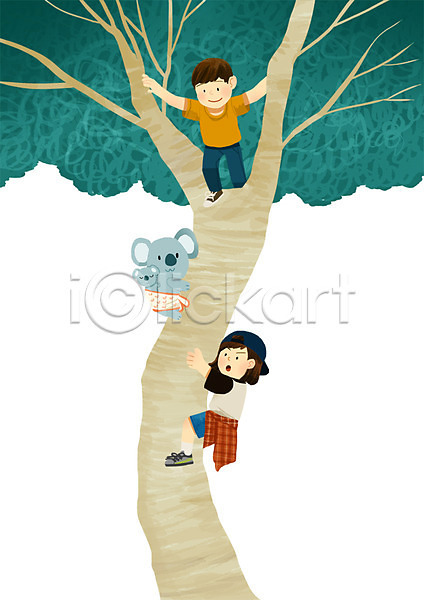 소통 함께함 남자 두명 사람 어린이 어린이만 여자 PSD 일러스트 나무 나무타기 동물 오르기 코알라 포대기