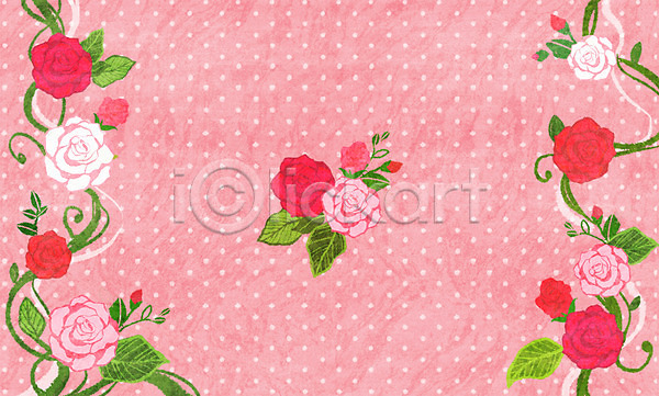 사람없음 PSD 일러스트 꽃 덩굴 모양 물방울무늬 백그라운드 분홍색 식물 잎 장미 컬러 패턴