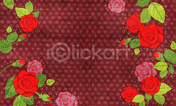 사람없음 PSD 일러스트 꽃 모양 물방울무늬 백그라운드 빨간색 잎 장미 컬러 패턴