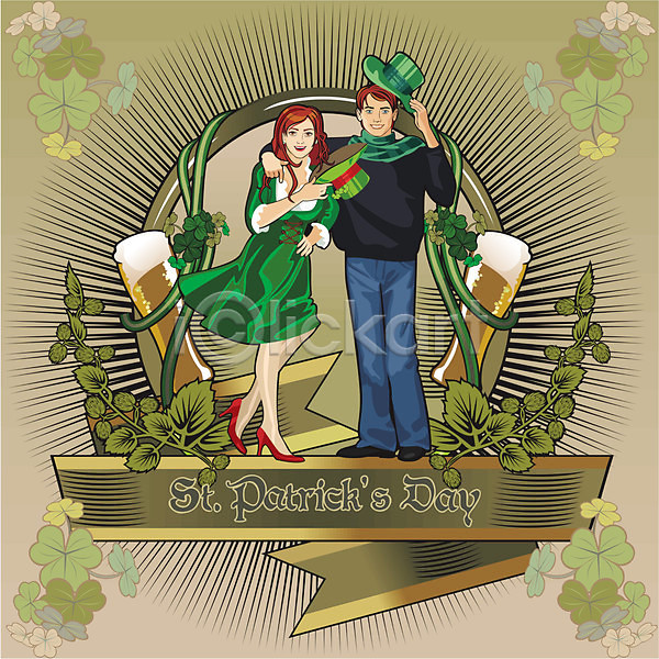 소년 EPS 일러스트 해외이미지 맥주 미소(표정) 백그라운드 빨간머리 아일랜드 유리 초록색 축제 커플 클로버 해외202004 황금