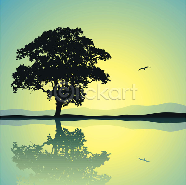 사람없음 EPS 실루엣 일러스트 해외이미지 나무 노을 반사 연두색 조류 풍경(경치) 한마리 해외202004 호수