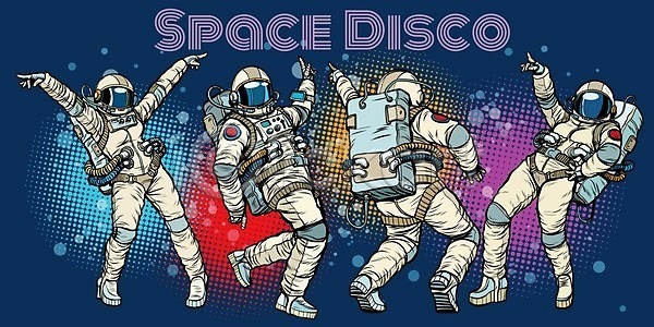 남자 여러명 여자 EPS 일러스트 해외이미지 디스코 우주 우주복 우주비행사 전신 춤 카툰스타일 파란색 팝아트 해외202004 해외일러스트