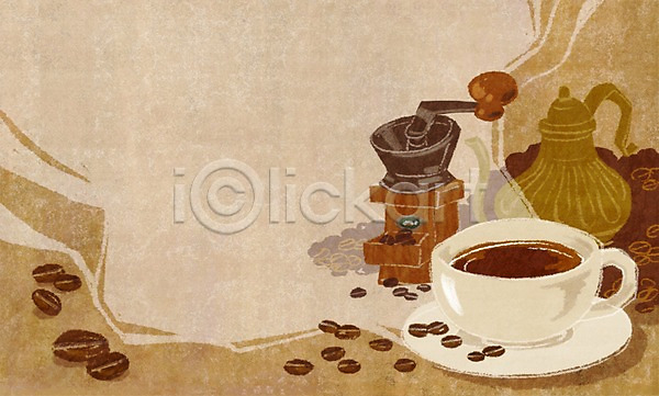 사람없음 PSD 일러스트 갈색 그라인더 백그라운드 원두 음료 주전자 커피 커피잔 컬러