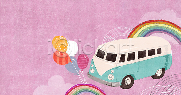 사람없음 PSD 일러스트 구름(자연) 무지개 미니버스 백그라운드 버스 분홍색 자동차 차(자동차) 컬러 풍선