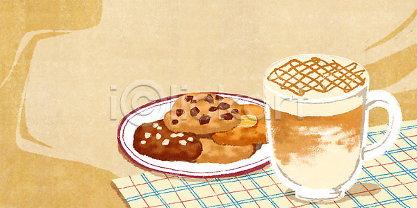 사람없음 PSD 일러스트 갈색 디저트 마끼야또 백그라운드 음료 음식 잔 접시 직물 천(직물) 체크무늬 캬라멜마끼야또 커피 컬러 쿠키