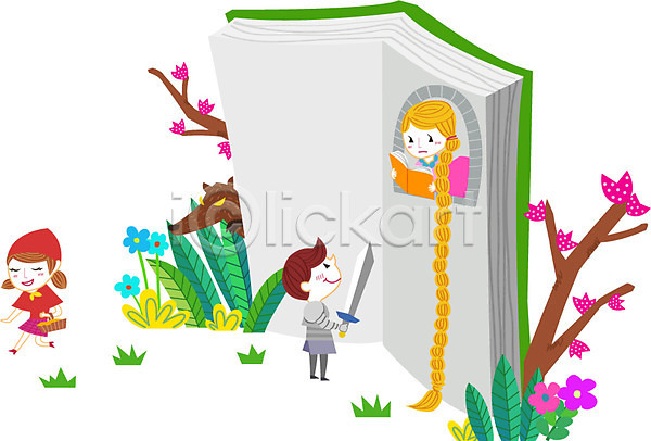 남자 사람 세명 소년 여자 AI(파일형식) 일러스트 공주(공주님) 꽃 나무 늑대 독서 동물 동화 라이프스타일 라푼젤 모자(잡화) 빨간모자소녀 빨간색 식물 왕자 책