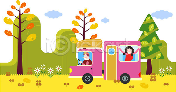 즐거움 함께함 화목 남자 사람 성인 성인만 여자 AI(파일형식) 일러스트 가을(계절) 계절 나무 라이프스타일 산 야외 여행 운전 주간 캠핑 캠핑카 커플